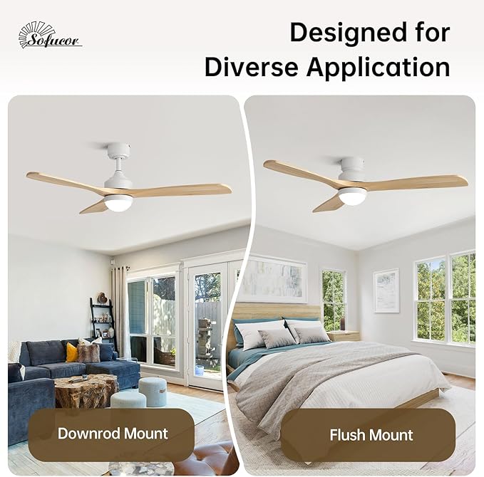 Sofucor 52" Smart Wood Ceiling Fans Lights, Flush Mount & Downrod Mount, 3 Wood Blades Modern Outdoor Ceiling Fans with Alexa/Google Assistant/APP/Remote Control for Bedroom, Farmhouse, Patio, Indoor