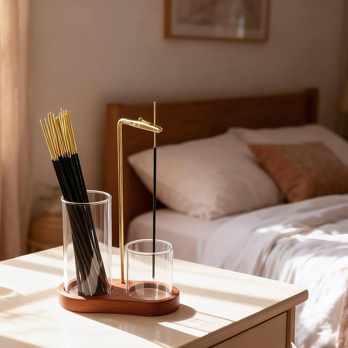 2 in 1 Incense Holder for Sticks - Glass Incense Burner with Ash Catcher, Japanese Hanging Incense Burner with Storage and Wooden Base for Meditation Yoga Spa Homen Room Unique Decor