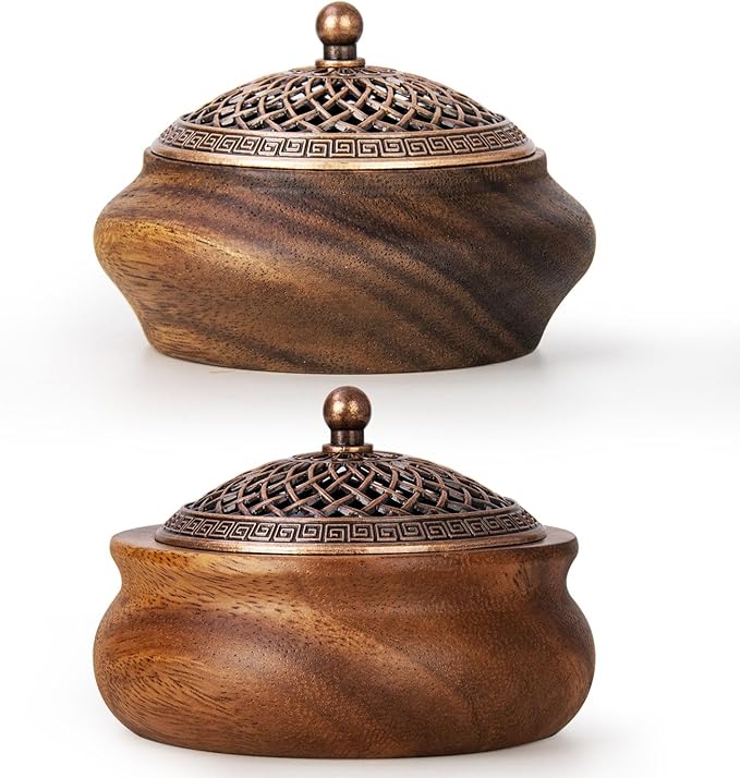 2 Pack Incense Cone Holder, Retro Wooden Cone Incense Burner Holder with Brass Cover, Vintage Bakhoor Burner for Sticks Coil, Frankincense Room Home Decor Yoga Spa Meditation (P)