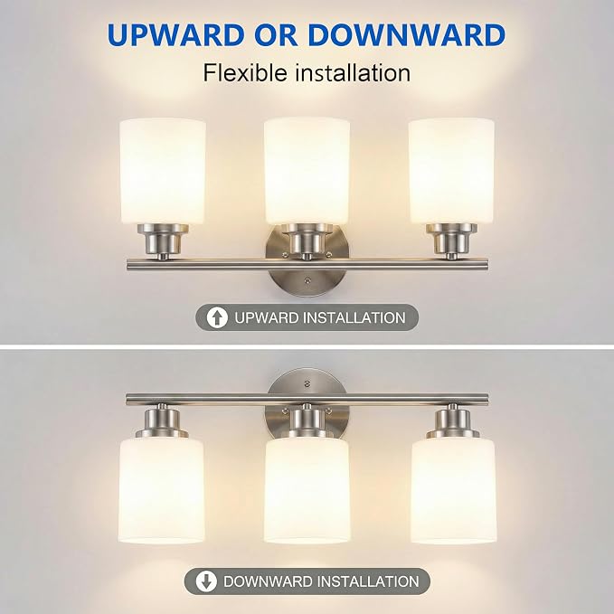 Unicozin 3 Light Bathroom Light Fixtures, Modern Vanity Lights with Milky Glass Shade, Brushed Nickel Wall Lamp Over Mirror for Bathroom, Living Room, Cabinet, Bedroom, E26 Base
