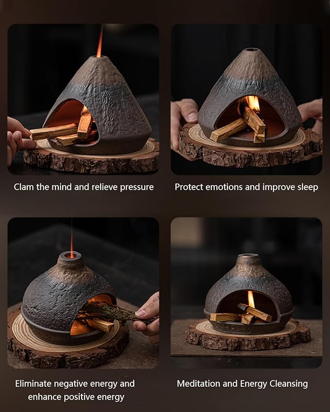 Palo Santo Holder Incense Burner-Zongzi Clay Smudge Bowl with Chimney, Mini Ceramic Fireplace for sage、Cone Burning (Handmade - A)