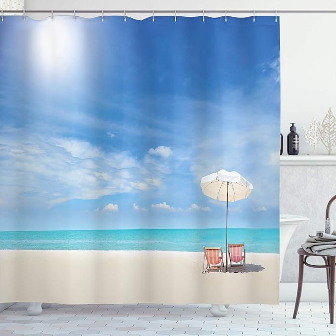 Ambesonne Hawaiian Shower Curtain, Secluded Tropical Island Beach with Chairs and Umbrella Ocean Sand Seascape Photo, Cloth Fabric Bathroom Decor Set with Hooks, 69" W x 70" L, Beige Blue