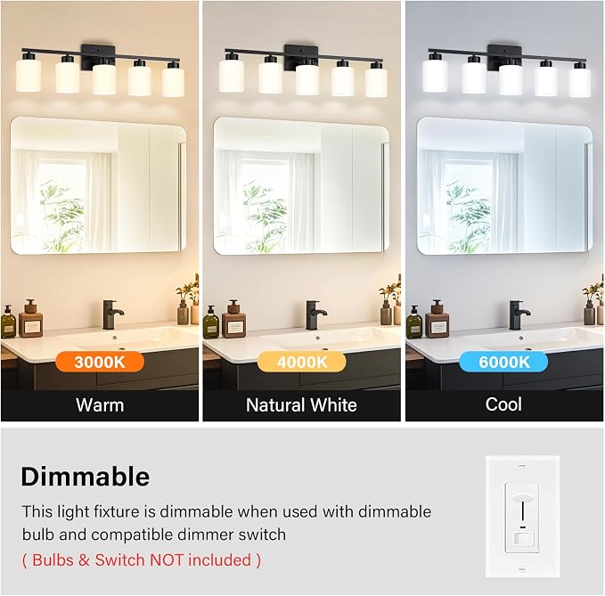 FonmYim Black Bathroom Light Fixtures, 5-Light Modern Vanity Light Over Mirror, Wall Sconces with Milky White Frosted Glass Shades, E26 Socket (Bulbs Not Included)