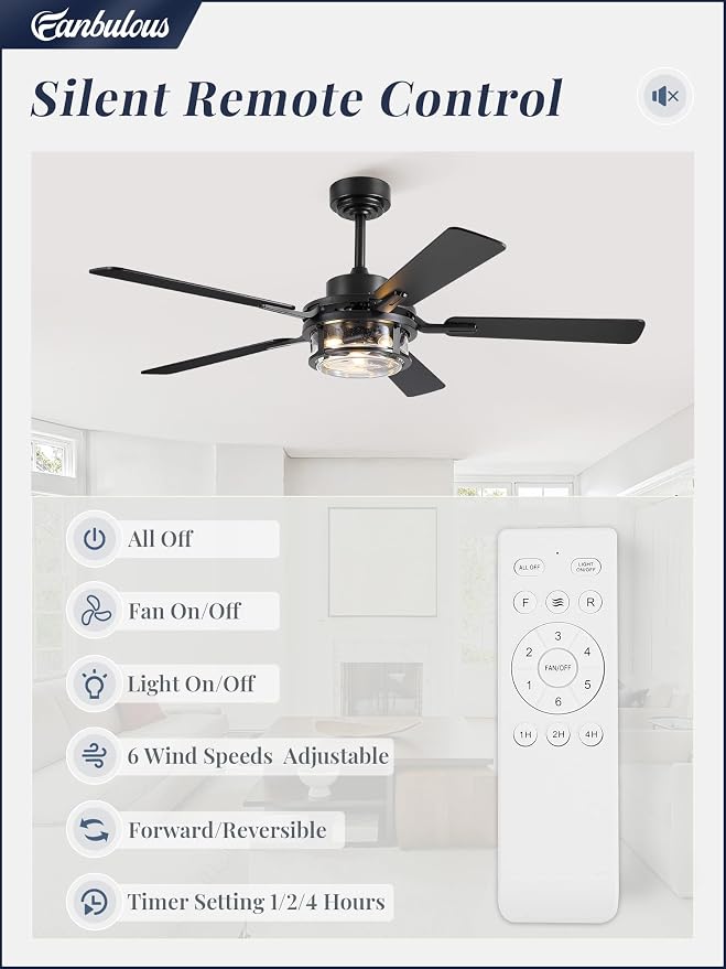 Fanbulous 52 Inch Ceiling Fan with Light and Remote,Downrod Mount Farmhouse Ceiling Fan for Bedroom, Quiet 6-Speed Reversible DC Motor, Rustic Black & Wood Finish Blades