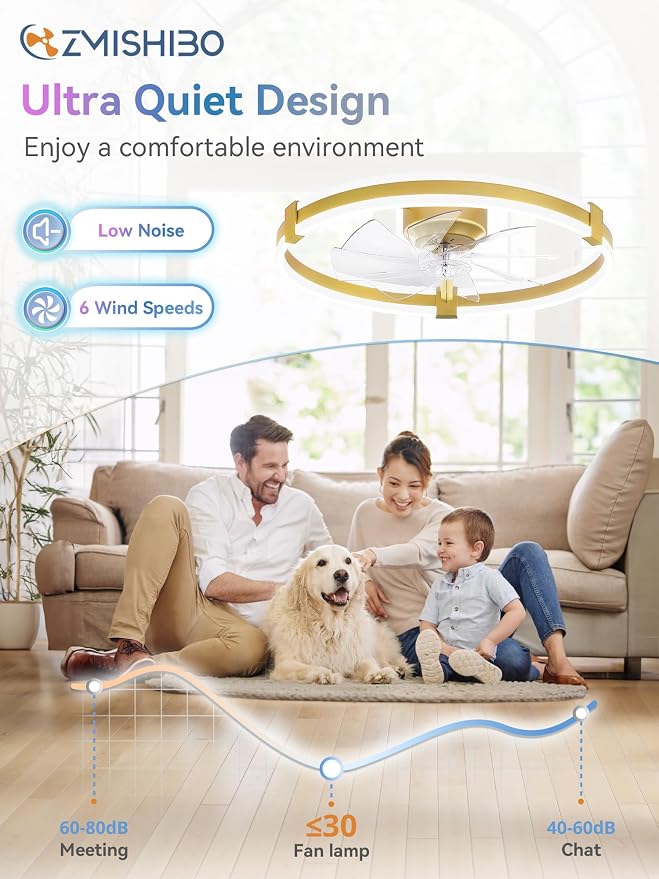 ZMISHIBO RGB Ceiling Fans with Lights and Remote, 23 inch Low Profile Ceiling Fan with Light, 3000K-6000K Dimmable & RGB, Modern Fandelier Flush Mount Ceiling Fan, Small LED Fan for Bedroom,Gold