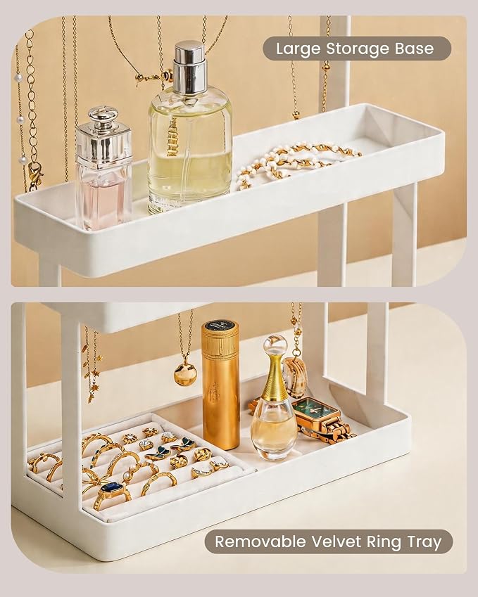 4-Tier Jewelry Organizer Stand with 12 Hooks & Velvet Ring Tray, Necklace Holder, Tangle-Free Jewelry Display for Bracelets Rings, Room Dorm Decor for Dresser Vanity, Gift for Teen Girls, White