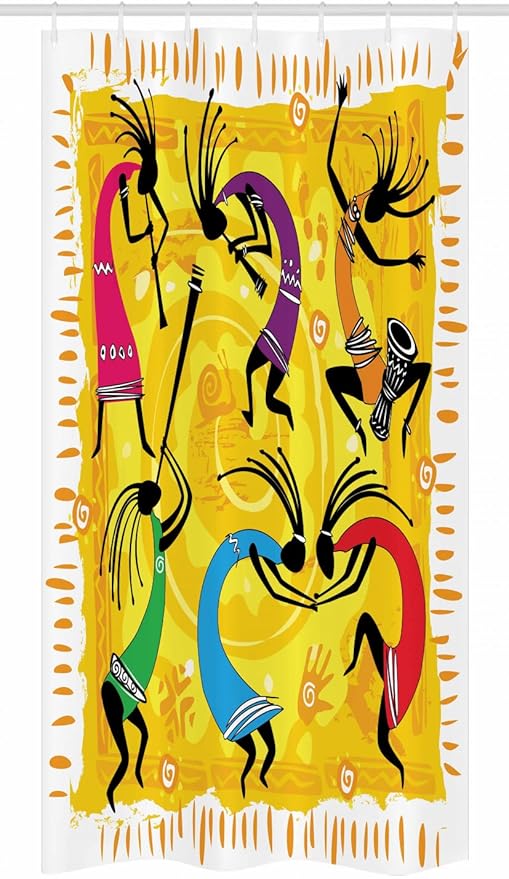 Ambesonne Ethnic Stall Shower Curtain, Dancing and Playing Ethno Music Instruments on Tribal Pattern Artwork, Fabric Bathroom Decor Set with Hooks, 36" W x 72" L, Purple Yellow and Black