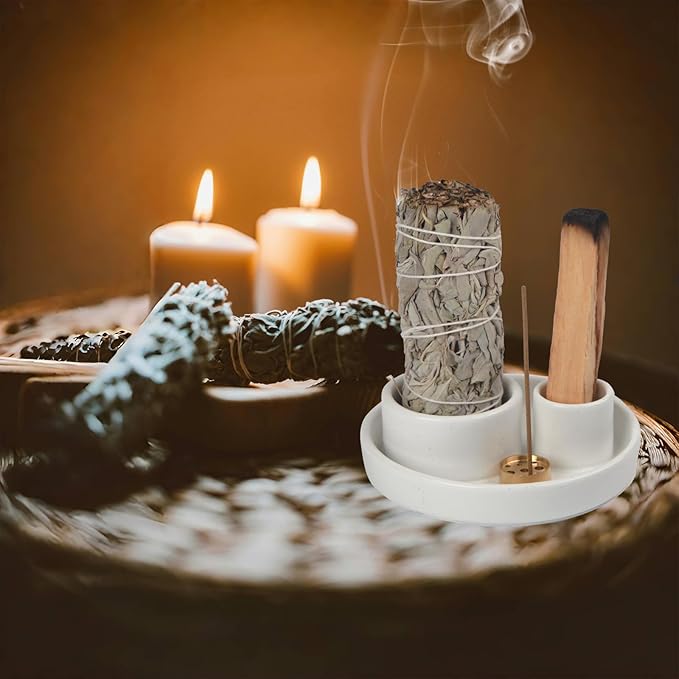 4 in 1 Incense Holder, Ceramic Incense Stick and Palo Santo Holder,Sage Holder for Burning- 4.25" Ceramic Ash Catcher Tray for Meditation and Yoga Room (White)