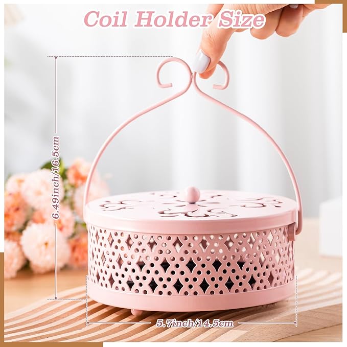 Lallisa Incense Coil Holder Sets, Round Metal Hanging Incense Burner with Handle and Lid, Portable Coil Burner Stand Container for Patio Camping Garden Home Indoor Outdoor Decor(Pink,2 Pcs)
