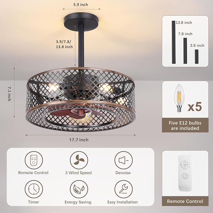REDSTAR Caged Ceiling Fans with Lights, Black Industrial Ceiling Fan with Light and Remote, Farmhouse Ceiling Fan Light for Living Room, Bedroom, Kitchen (Modern Minimalist)