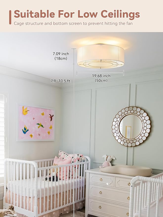Low Profile Ceiling Fans with Lights, 20" Boho Rattan Ceiling Fan with Light Flush Mount and Remote Control, Drum Caged with 6 Speeds for Bedroom, Nursery, Living Room