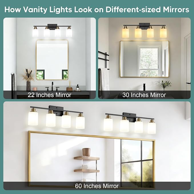 Ascher Bathroom Light Fixtures, 4-Light Vanity Light Over Mirror, Black and Gold Wall Sconces with Milky White Frosted Glass Shades, Wall Lamp for Living Room Bedroom, E26 Base(Bulbs Not Included)