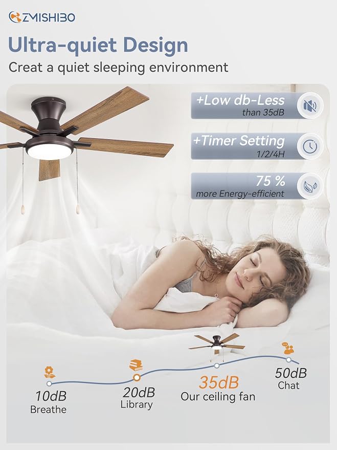 ZMISHIBO Ceiling Fans with Lights, Low Profile Ceiling Fan with Pull Chain and Remote Control, Flush Mount, Reversible, Dimmable, Noiseless, Black Pull Cord Ceiling Fan for Bedroom(52inch Brown)
