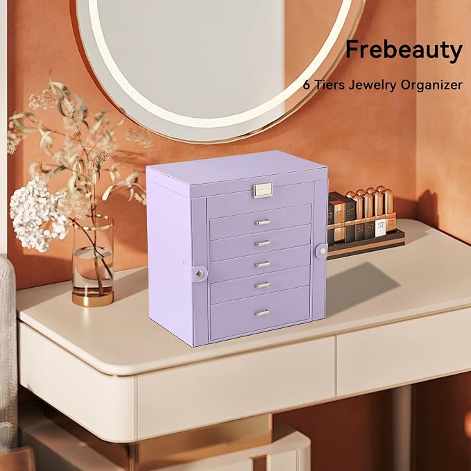 Frebeauty 6-Layer Jewelry Box for Women,Large Jewelry Organizer with Drawer | Faux Leather,Built-in Mirror,Spacious Jewelry Storage,16 Necklace Hooks,Organizing by Category for Rings Earrings Bracelet