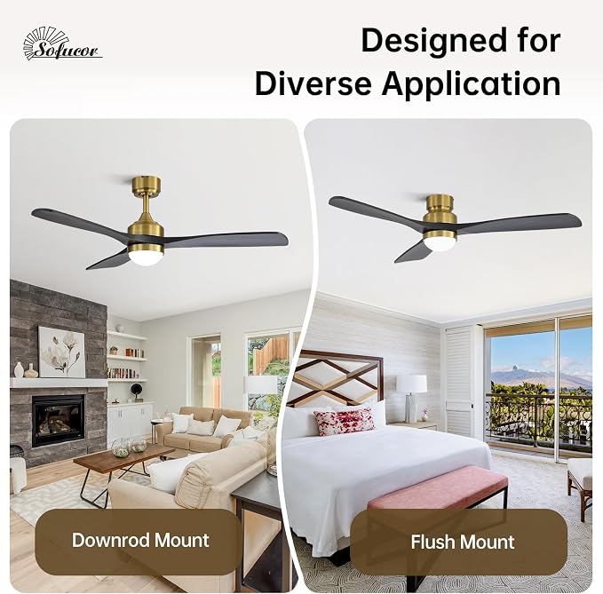 Sofucor 52" Solid Wood Ceiling Fan Lights, Flush Mount & Downrod Mount Ceiling Fan with Lights and Remote, Wood Blades Modern Outdoor Ceiling Fans for Bedroom/Farmhouse/Patio/Indoor