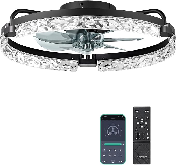 EDISHINE Ceiling Fans with Lights and Remote, 20'' Low Profile Ceiling Fan, 3000-6000K Dimmable, 6 Speeds LED Modern Flush Mount Fan Light, DC Motor, APP Control, Black Fandelier for Bedroom, Kitchen