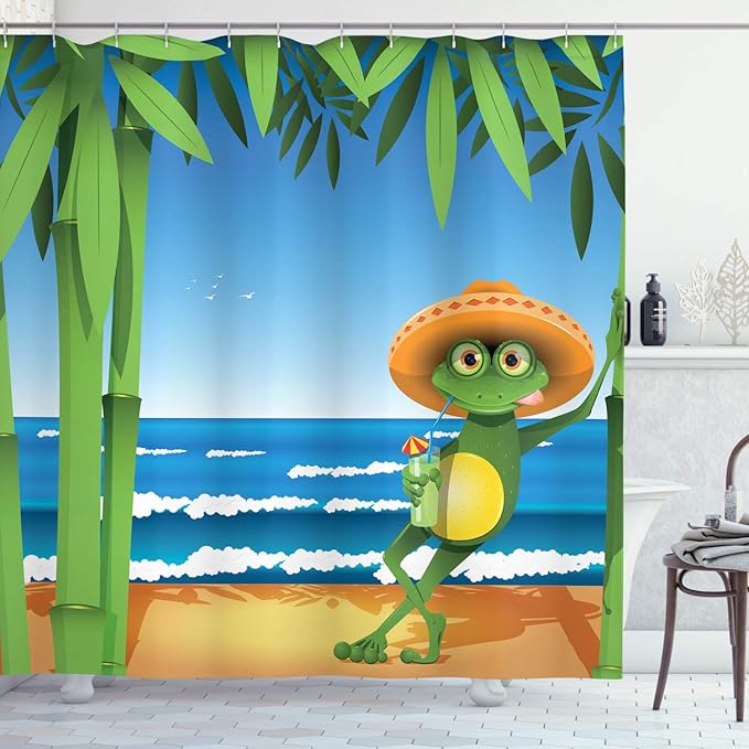 Ambesonne Animal Shower Curtain, Illustration of a Frog on Sandy Beach with Palm Trees and Ocean Tropical Print, Cloth Fabric Bathroom Decor Set with Hooks, 69" W x 70" L, Cream Green