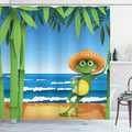 Ambesonne Animal Shower Curtain, Illustration of a Frog on Sandy Beach with Palm Trees and Ocean Tropical Print, Cloth Fabric Bathroom Decor Set with Hooks, 69" W x 70" L, Cream Green
