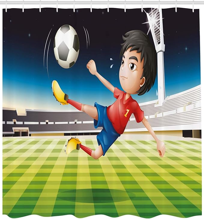 Ambesonne Sports Shower Curtain, Young Boy Playing Football in The Stadium Athlete Sports Soccer Championship Graphic, Cloth Fabric Bathroom Decor Set with Hooks, 69" W x 70" L, Yellow Green