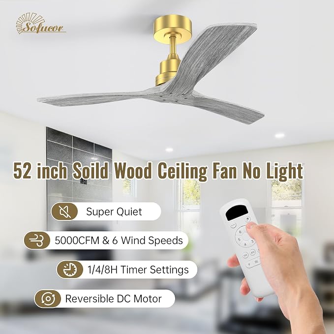 Sofucor 52 Inch Ceiling Fan No Light - Modern Solid Wood Ceiling Fan with Remote, 5000CFM High Airflow, Quiet DC Motor, 6 Speeds, Timer & Reversible for Bedroom Living Room, ETL, Gold