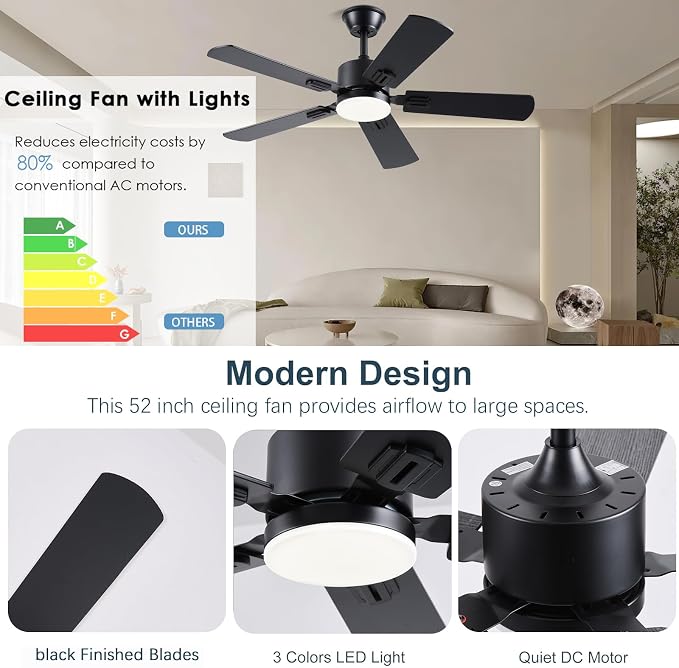 FUMLTP 42 inch Modern Ceiling Fans with Lights APP/Remote Control, Low Profile Reversible 6 Speeds Ceiling Fan Light for Indoor/Outdoor Patio Bedroom Living Room,Black