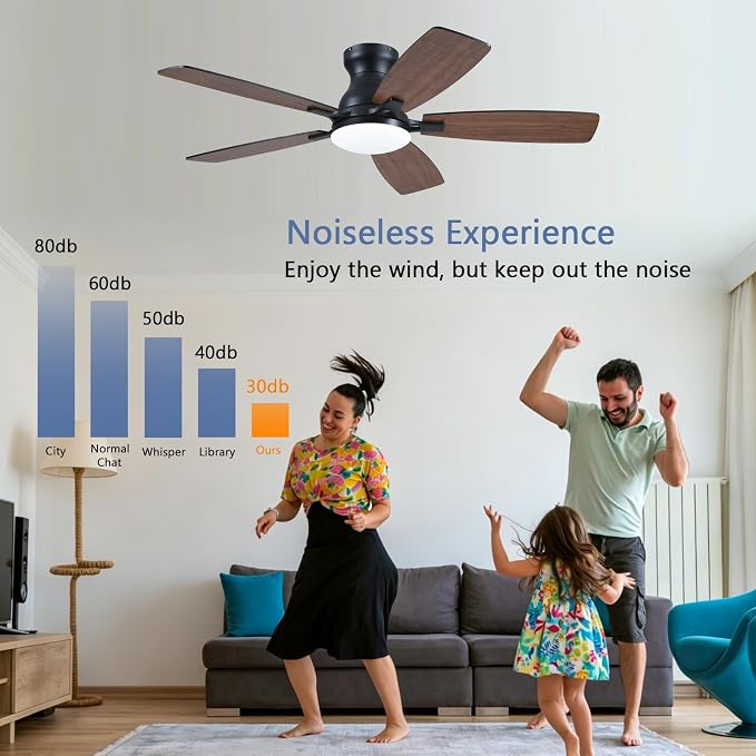 NKPU Ceiling Fans with Lights, Low Profile Ceiling Fan with Light and Remote/APP Control, DC Reversible Motor, Noiseless, Flush Mount, 46inch Brown Ceiling Fan for Bedroom Indoor/Outdoor Use