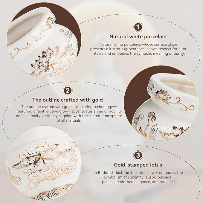 Ceramic Lotus Incense Burner with Brass Stand & Incense Sticks, Ash Catcher Bowl for Meditation Yoga Relaxation, Decorative Incense Holder for Home（White