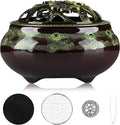 Handmade Ceramic Incense Burner with Metal Lid - Zen Meditation, Home Decor,Spiritual Gift, Durable & Elegant Design for Yoga, Altar, or Relaxation,Large Capacity Incense ash Catcher. (Fambe Green)