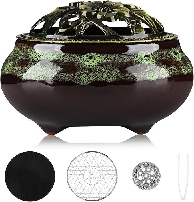 Handmade Ceramic Incense Burner with Metal Lid - Zen Meditation, Home Decor,Spiritual Gift, Durable & Elegant Design for Yoga, Altar, or Relaxation,Large Capacity Incense ash Catcher. (Fambe Green)