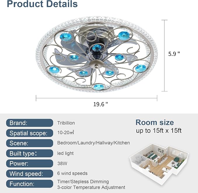 Low Profile Ceiling Fan with Lights 20" Remote Bladeless Ceiling Fan Boho Vintage Flush Mount Ceiling Fans with Light 3 Color Smart LED Dimmable,Handmade Antique Vintage Blue Crystal