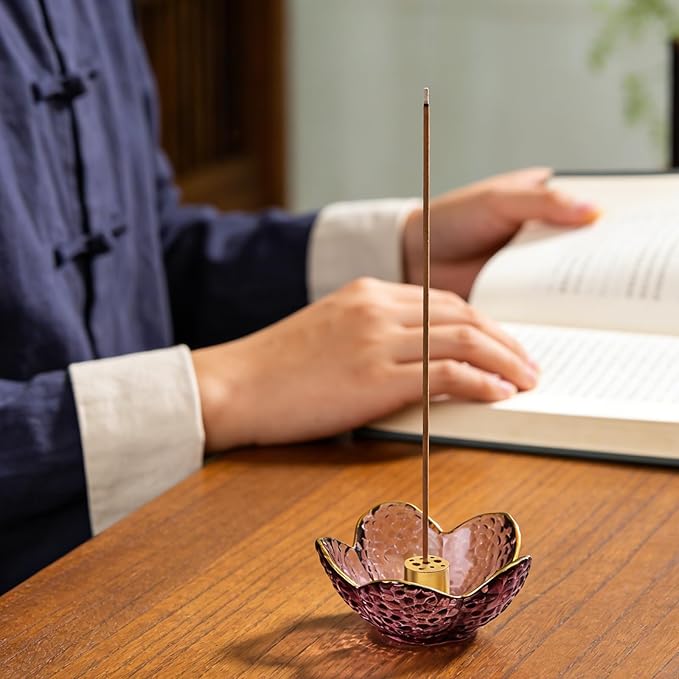 Incense Holder for Sticks and Backflow Incense Handmade Glass Cherry Blossom Incense Stick Holder with 9 Incenses Holes (Upgraded & Larger Cherry Blossom with Gilt-Edged)
