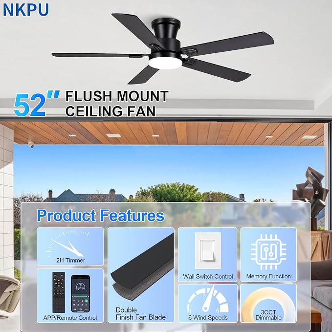 NKPU 52" Ceiling Fans with Lights, Low Profile Ceiling Fan with Light and Remote/APP Control, 6 Speed, Dimmable, Safe Quiet DC Motor, Black Flush Mount Ceiling Fan for Bedroom Indoor/Outdoor Use