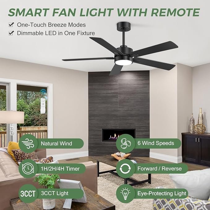 Ceiling Fans with LED Lights, 52 Inch 5-Blade Ceiling Fan Remote Control, Industrial Ceiling Fan with Reversible DC Motor, Downrod Mount LED Ceiling Light Chandelier for Bedroom (Black)