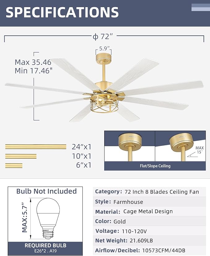 YOUKAIN Ceiling Fans with Lights, 72 Inch Farmhouse Ceiling Fans with Lights and Remote, 8-Reversible Blades, Gold Finish, Outdoor Ceiling Fan for Indoor/Outdoor Use, 72-YJ632-GDW