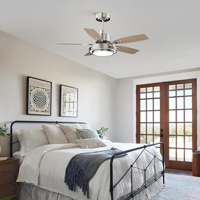 Ceiling Fans with Lights and Remote Control, 42 Inch Flush Mount Ceiling Fan with Quiet Reversible DC Motor, Dimmable LED Lighting, 6 Speeds, Timer, Nickel Ceiling Fan for Bedroom Living Room