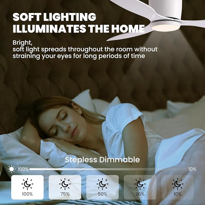 LUDOMIDE Ceiling Fans with Lights,52 Inch Low Profile Ceiling Fan with Wall Control and Remote Control,Dimmable,Flush Mount Ceiling Fan with Noiseless DC Reversible Motor for Bedroom Indoor Use
