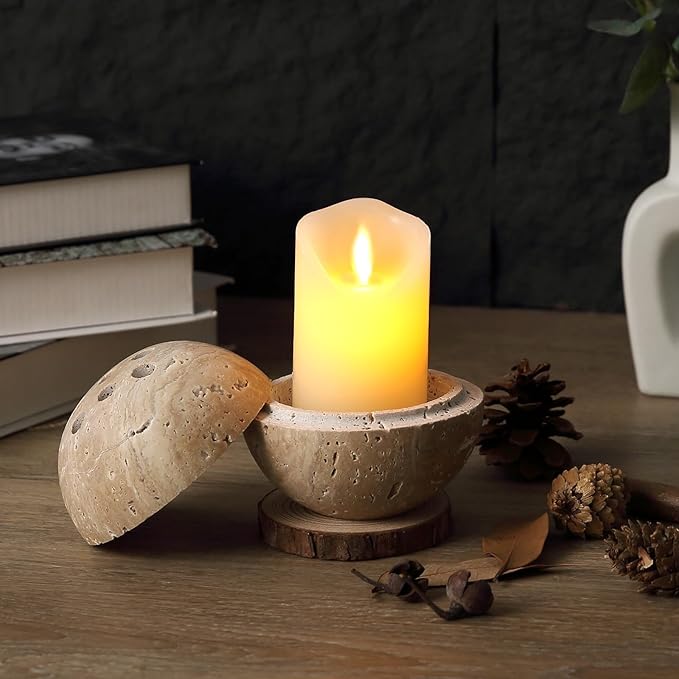 Koville Natural Travertine Incense Burner, Stone Incense Holder for Cone/Balsam Fir/Palo Santo/Sage, Handmade Sphere Marble Incense Burner for Meditation Yoga SPA Relaxation, Home Decor(Beige)