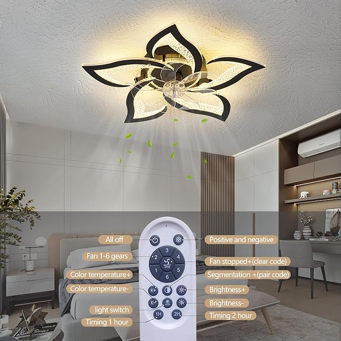 27" Black Geometric Ceiling Fan Lights with Remote, 6 Speeds Adjustable Low Profile Flush Mount Ceiling Fan with Light for Kitchen Bedroom
