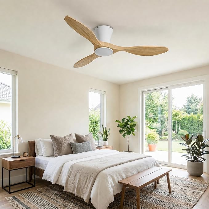 Skylike 42" Flush Mount Wood Ceiling Fan with Lights, 3 Blade Low Profile Farmhouse Ceiling Fan with Remote Control,Quiet Indoor/Outdoor Light Walnut Ceiling Fan for Patio,Gazebo, Balcony, Living Room