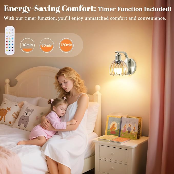 VerRon Rechargeable Battery Operated Wall Sconce with Amber Glass Lampshade, Wireless Wall Scone Decor with Remote Control, 15 Colors Brushed Nickle Wall Light for Bedside Hallway Bedroom Doorway