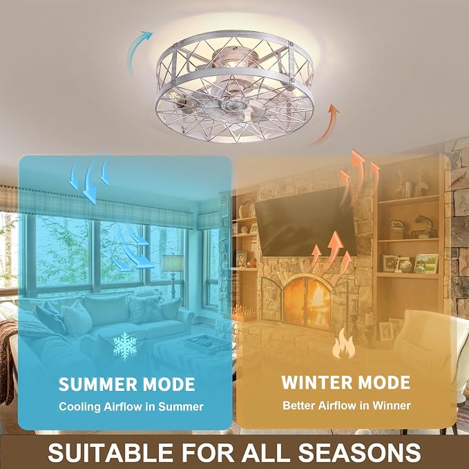 24" Flush Mount White Caged Ceiling Fans with Lights, Rustic Low Profile Ceiling Fan with Light and Remote, Quiet Reversible DC Motor Bladeless Enclosed Ceiling Fan for Bedroom Kitchen Farmhouse