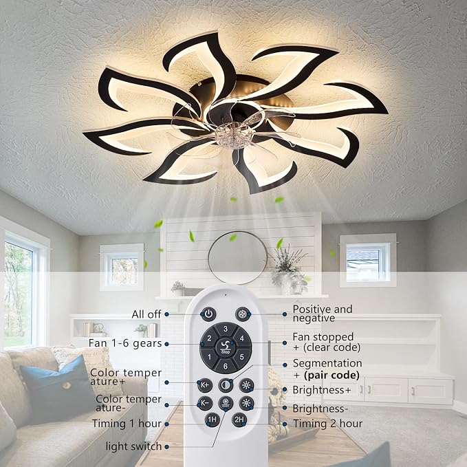 Black Flower Modern Ceiling Fans with Lights, Low Profile Ceiling Fan with Remote for Bedroom, 32inch Flush Mount Ceiling Fan with LED Dimmable Light,6-Speeds, Timing CeilingFan Light-8L