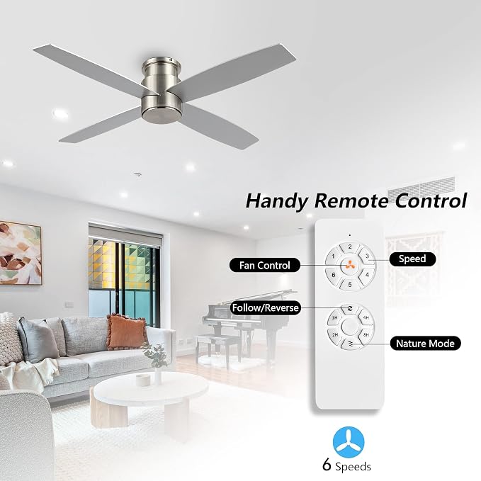 WINGBO 44" Flush Mount DC Ceiling Fan without Lights, 4 Reversible Plywood Blades, Quiet 6-Speed DC Motor, Hugger Low Profile Ceiling Fan No Lights for Bedroom, Brushed Nickel Finish