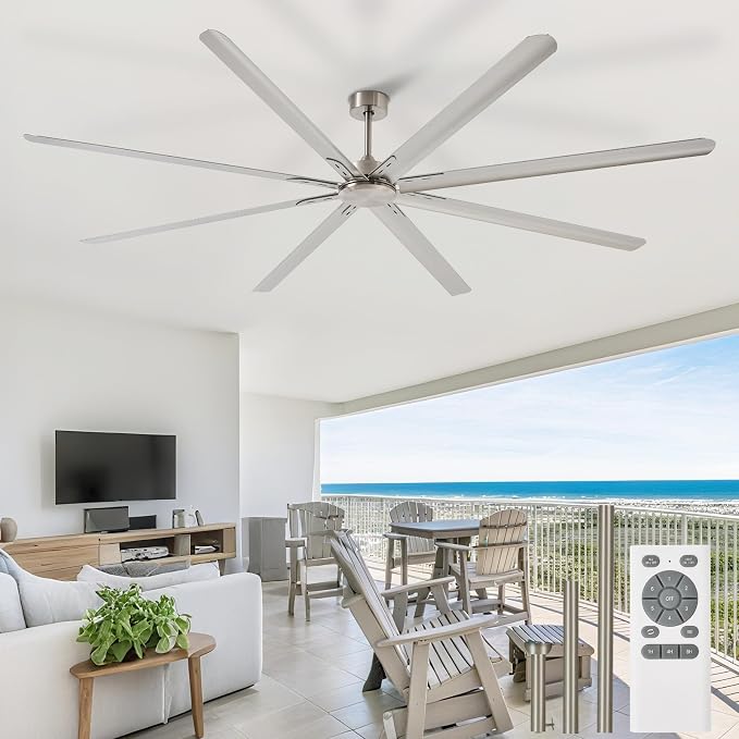 Large Ceiling Fan without Light: 100 Inch Outdoor Fan No Light Aluminum Blade - Industrial Big Ceiling Fan with Remote for Shop Garage Patio Gym 6 Speeds Timer Brushed Nickel Silver