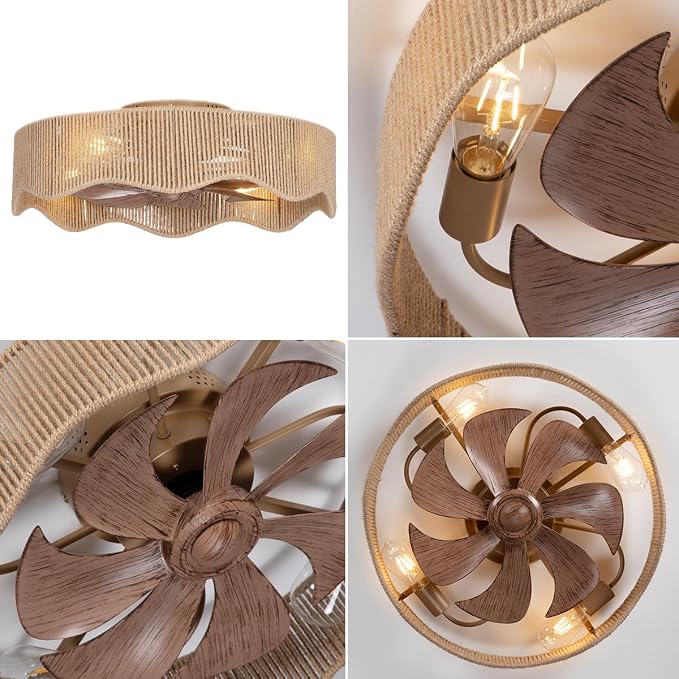 SHLUCE 22" Boho Flush Mount Caged Ceiling Fans with Lights, Rustic Rattan Low Profile Ceiling Fans with Lights and Remote, Bladeless Fandelier Ceiling Fan with Light for Kitchen, Bedroom - ETL