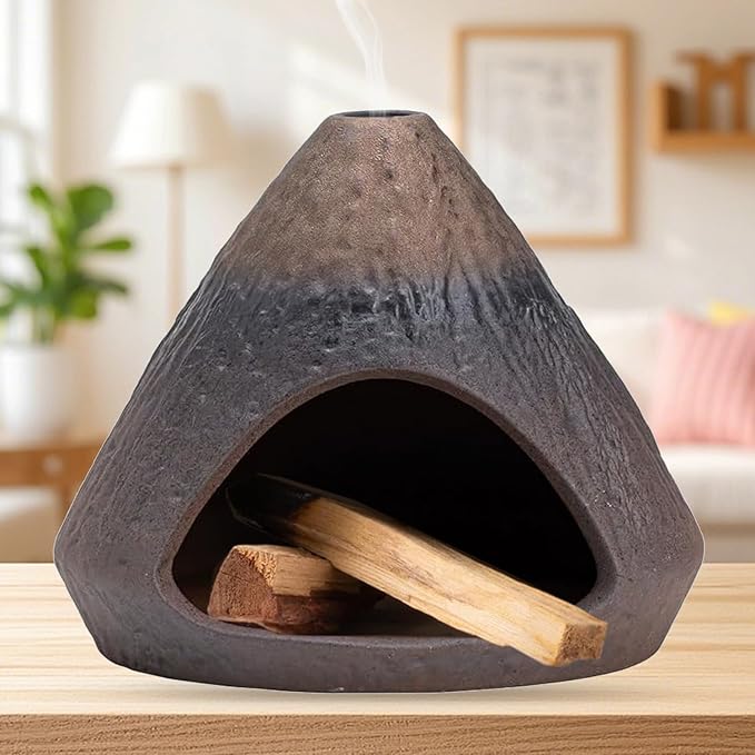 Palo Santo Holder Incense Burner-Zongzi Clay Smudge Bowl with Chimney, Mini Ceramic Fireplace for sage、Cone Burning (Handmade - A)