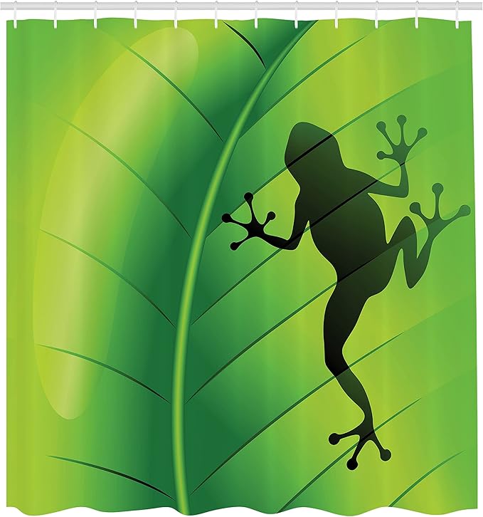 Ambesonne Animal Shower Curtain, Silhouette of Frog on The Exotic Macro Tropical Leaf Plant Wild Life Nature Illustration, Cloth Fabric Bathroom Decor Set with Hooks, 69" W x 70" L, Green