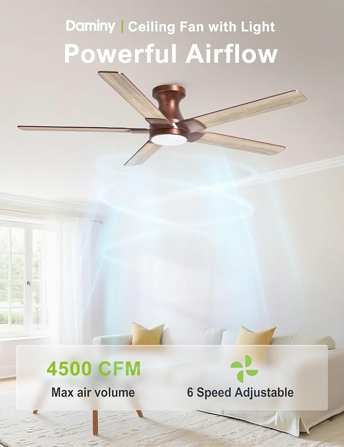 DAMINY 52 inch Brown Ceiling Fans with Lights,5 Blades,3CCT, Low Profile,Remote Control,for Bedroom, Kitchen,Living Room,Indoor/Outdoor Use,Flush Mount