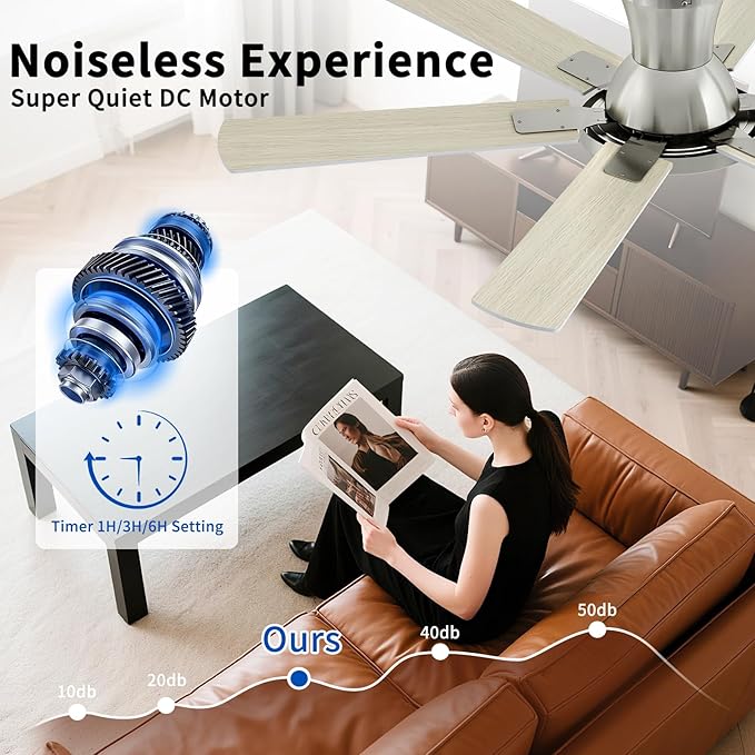 52 Inch Brushed Nickel Ceiling Fans with Lights and Remote,Flush Mount Low Profile 6 Blades Ceiling Fan with 10 Inch Lighting Fixture,Quiet Reversible DC Motor for Living Room,Bedroom and Patio