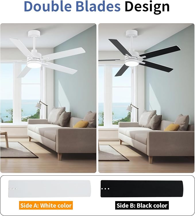 LANMEL 52'' White Ceiling Fans with Lights and Remote, 6 Speed Low Profile Modern Ceiling Fan with Quiet DC Motor for Indoor Outdoor Bedroom Living Room